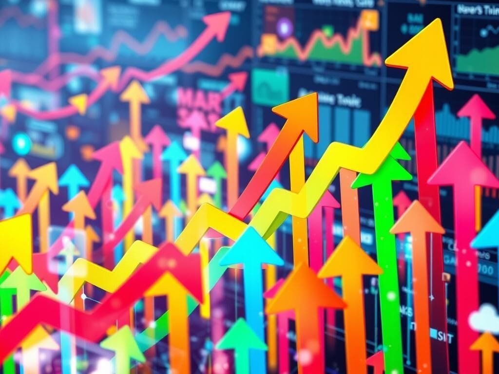 A bustling digital landscape filled with vibrant arrows symbolizing increasing website traffic, interconnected nodes representing various online platforms, a background of analytics graphs and charts, in a colorful and dynamic composition that conveys movement and growth.