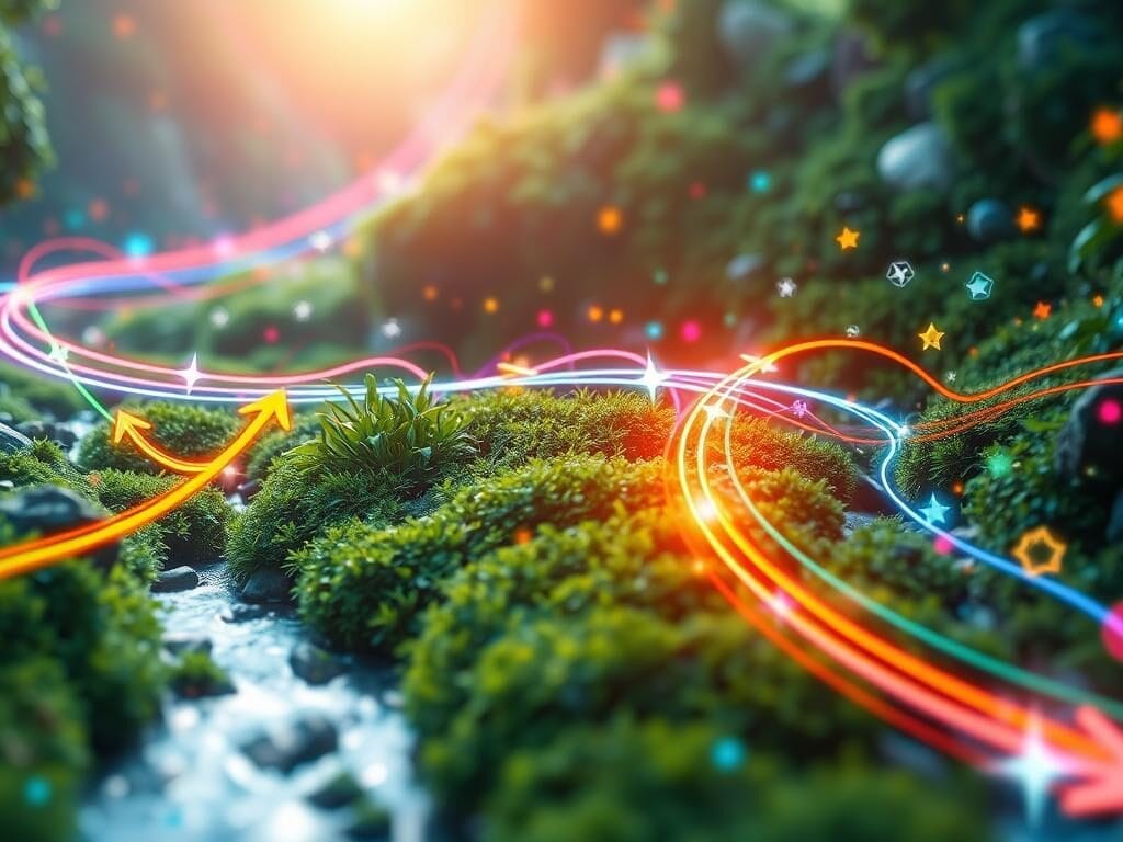 A vibrant digital landscape featuring a flowing river of light representing website traffic, with colorful arrows and icons symbolizing various online platforms weaving through the scene, surrounded by lush greenery and abstract shapes that evoke a sense of growth and discovery in the digital world.