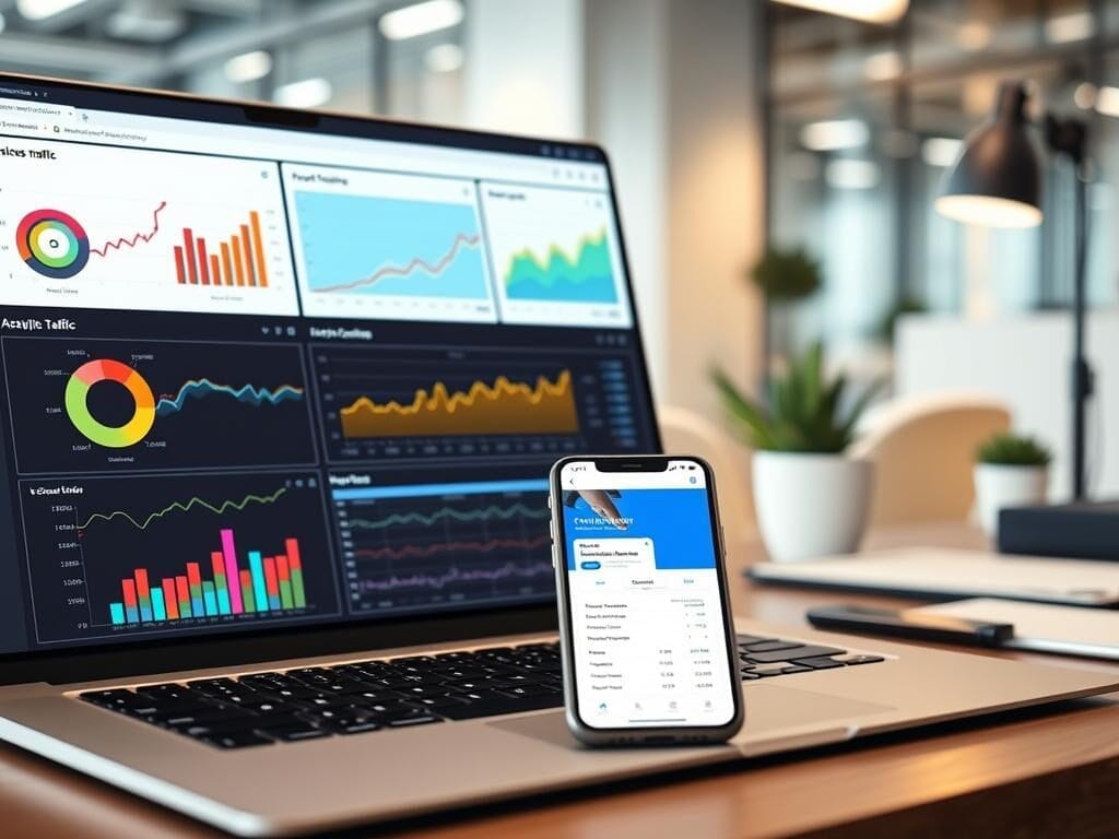 A digital workspace displaying various website traffic monitoring tools on a laptop screen, featuring colorful graphs and analytics dashboards, elements like pie charts and line graphs in vibrant colors, alongside a smartphone showing real-time data, all set against a modern office background with soft lighting and tech accessories.