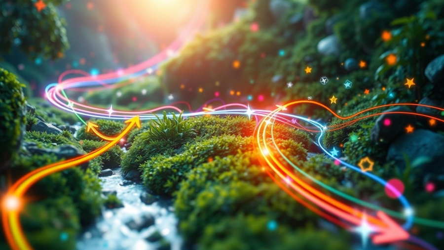 A vibrant digital landscape featuring a flowing river of light representing website traffic, with colorful arrows and icons symbolizing various online platforms weaving through the scene, surrounded by lush greenery and abstract shapes that evoke a sense of growth and discovery in the digital world.